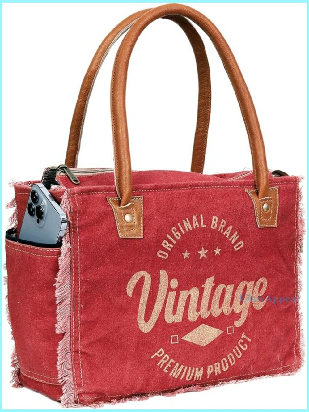Canvas Tote Bag with Leather Handles, 13x10 Inch, Spacious Vintage Design